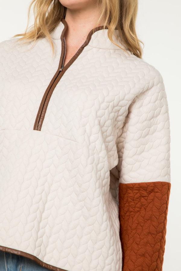 Cable Textured Colorblock Half Zip Pullover Beige