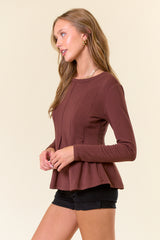 Soft Knit Round Neck Pintuck Peplum Top Chocolate