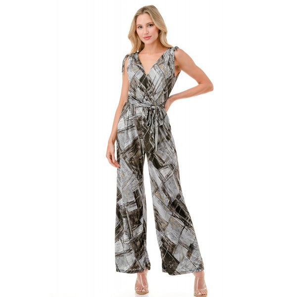 Tie Shoulder Belted Wide Leg Jumpsuit Grey Abstract Brush