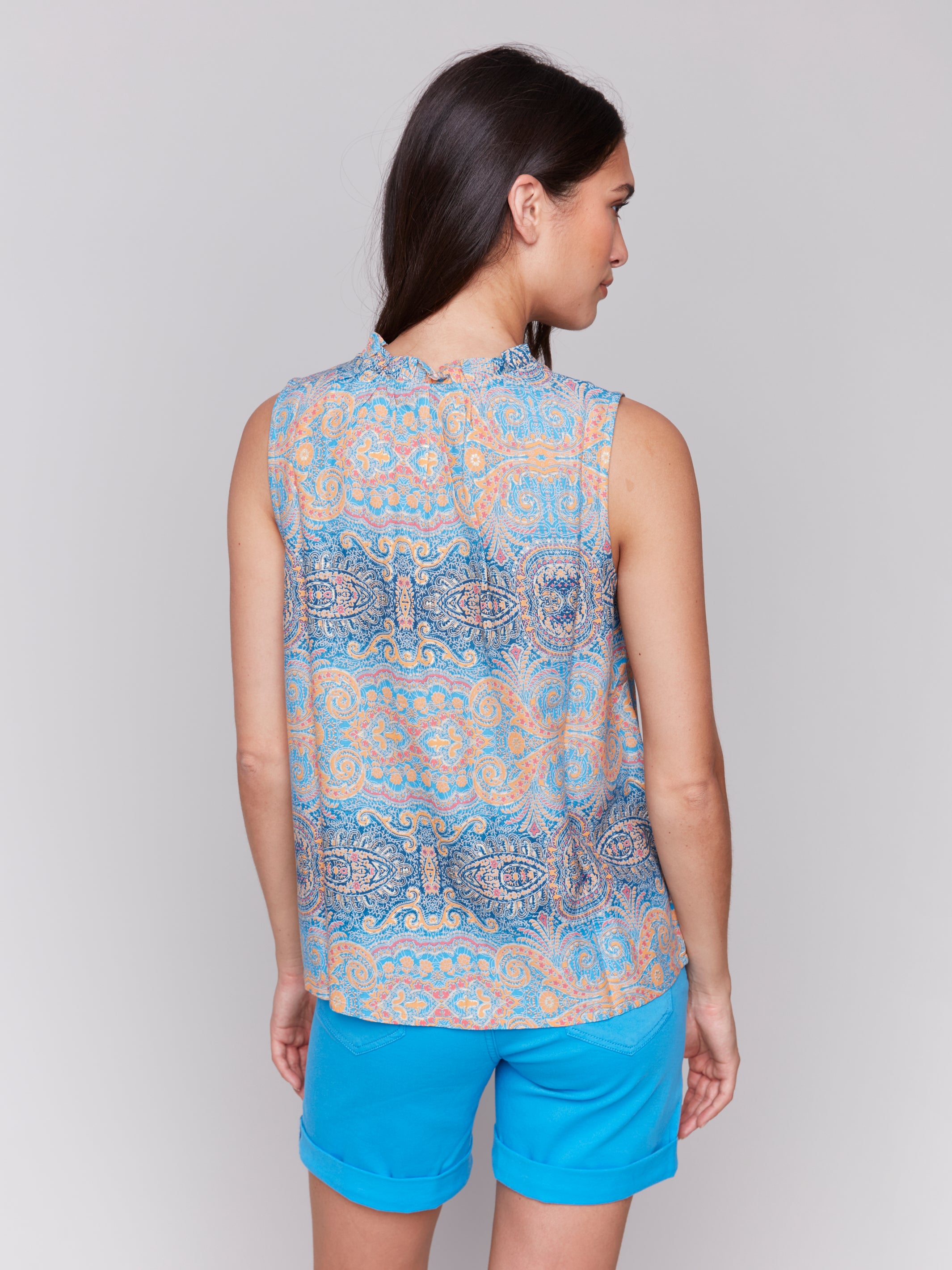 Sleeveless Ruffle Neck Top Papaya