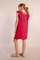 Ruffle Sleeve Tie Back Dress Raspberry