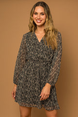Surplice Long Sleeve Abstract Print Dress Black + Taupe
