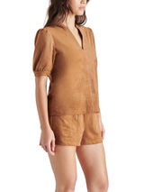 Jane Puff Sleeve Notch Neck Suede Top Toasted Coconut