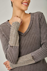 Varigated Rib Washed Pinstripe Cuff Top Chocolate