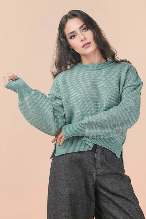 Two Tone Textured Knit Sweater Sage