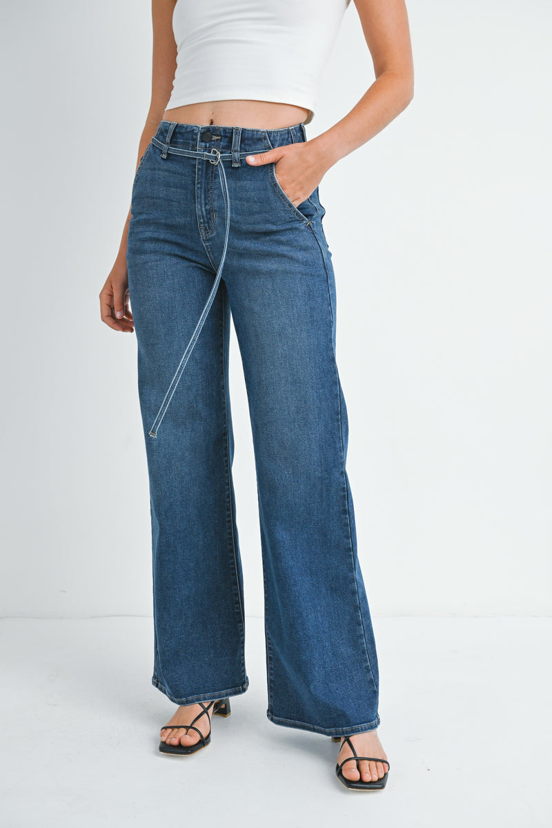 Belted Wide Leg High Rise Jeans Dark Denim