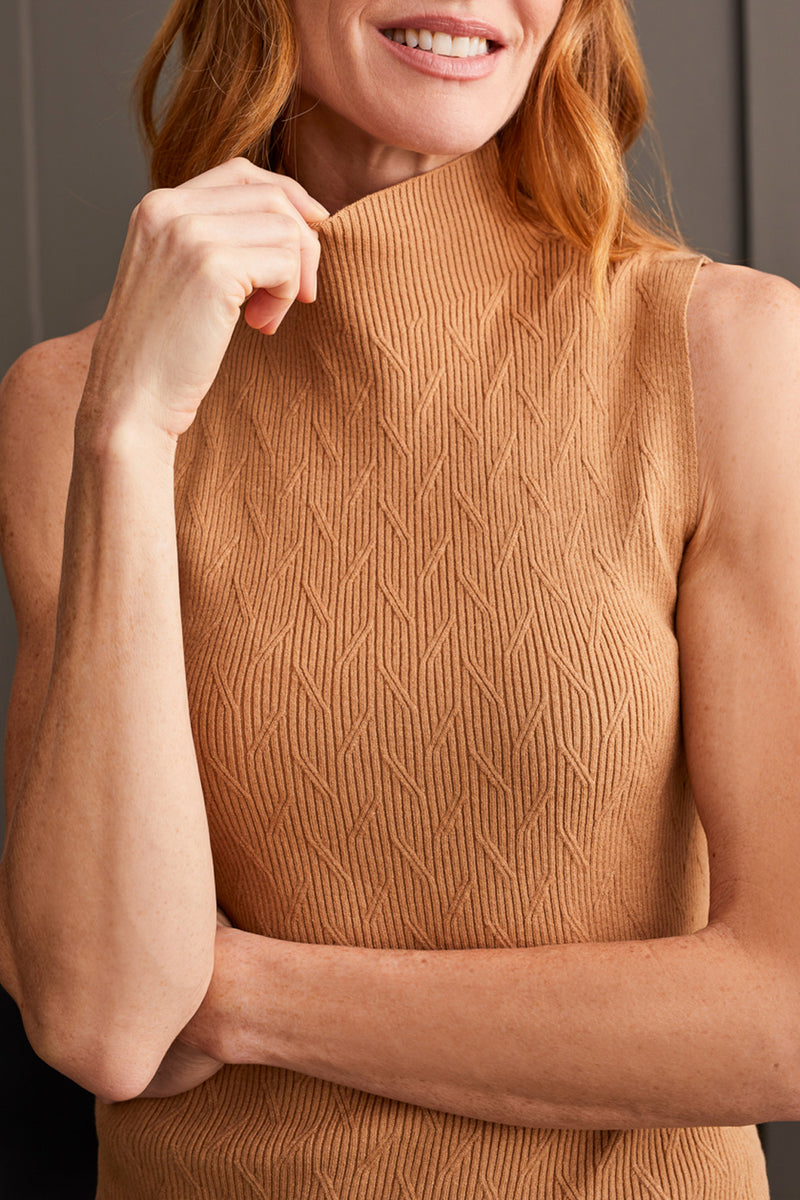 Textured Sleeveless Mock Neck Top Tan