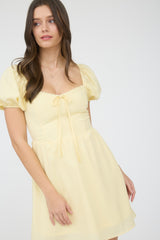 Puff Sleeve Lace Trim Front Tie Mini Dress Light Yellow