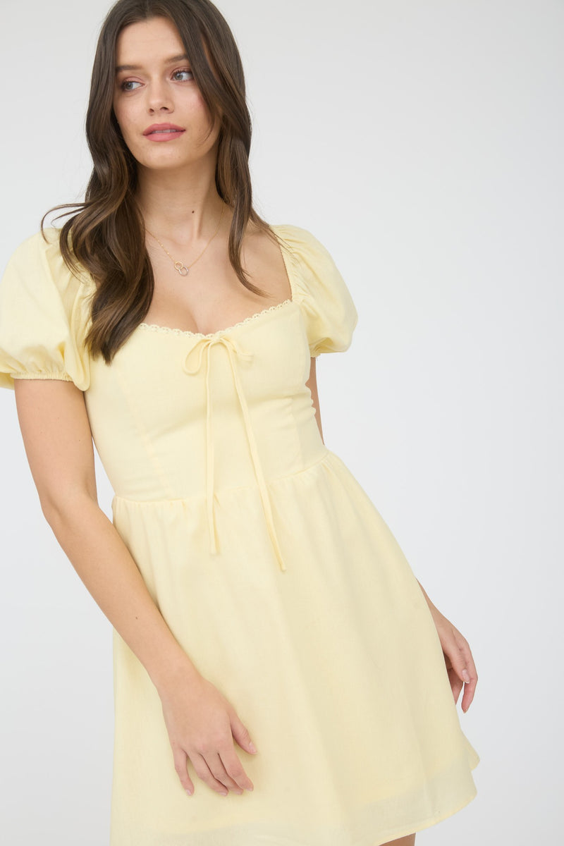 Puff Sleeve Lace Trim Front Tie Mini Dress Light Yellow