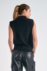 Seam Detail Turtleneck Sleeveless Sweater Black