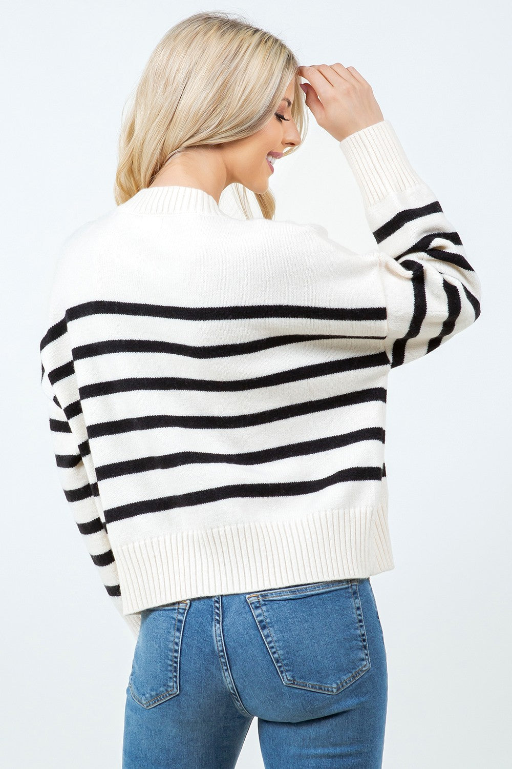 Striped Button Down Front Pocket Cardi Ivory