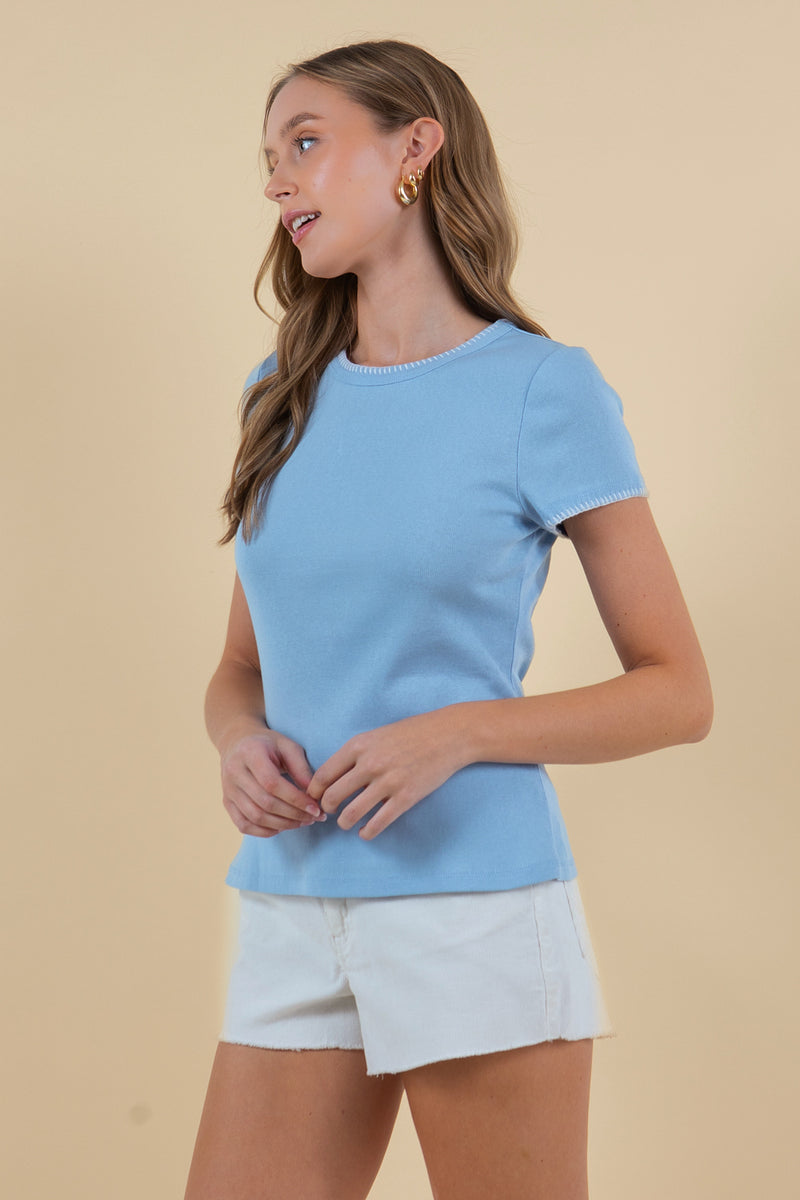 Whipstitch Detail Cotton Jersey Tee Powder Blue