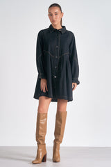 Cinched Ruffle Long Sleeve Button Down Dress Black