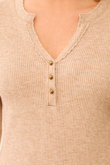 Button Detail Henley Long Sleeve Top Oatmeal