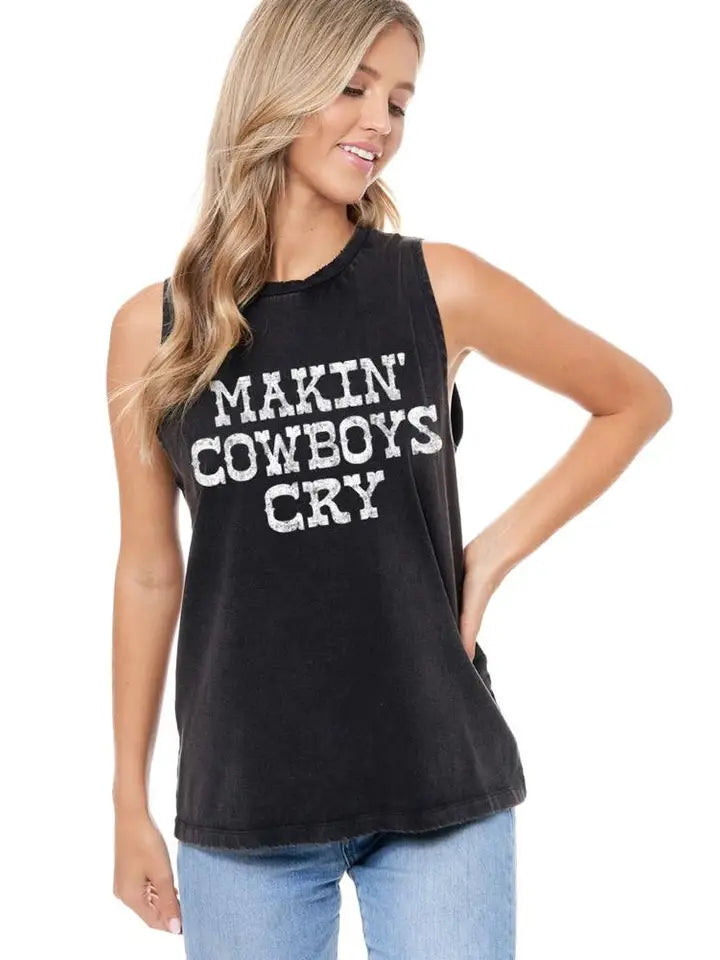 Makin' Cowboys Cry Washed Tank Black
