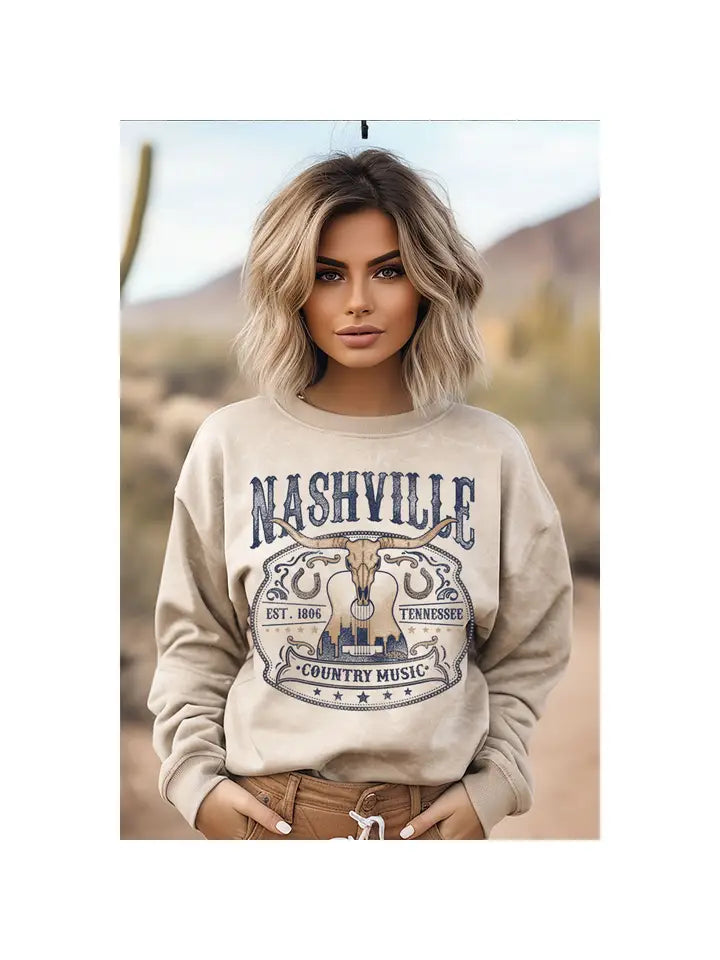 Nashville Longhorn Country Music Mineral Wash Sweatshirt Oatmeal