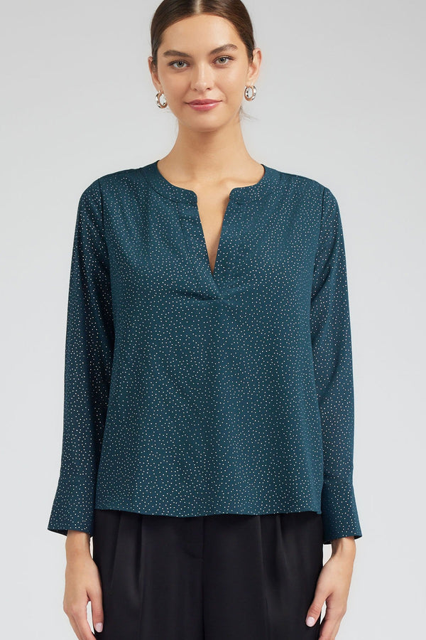 Studded Mandarin Collar Long Sleeve Blouse Deep Teal