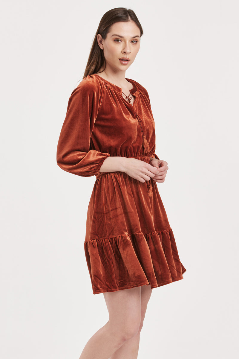 Gillian Tiered Velvet Dress Roasted Pecan