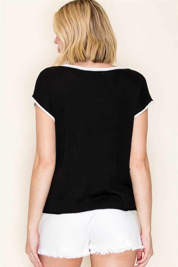 Button Detail Contrast Raw Edge Sweater Top Black