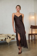 Crinkled Satin Lace Cami Dress Brown