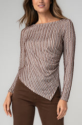 Boat Neck Asymmetric Pleated Knit Top Brown + Ivory Stripe