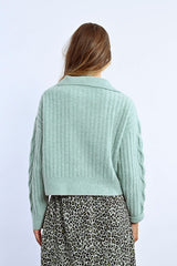 Cable Knit Sleeve Sequin 1/4 Zip Sweater Mint