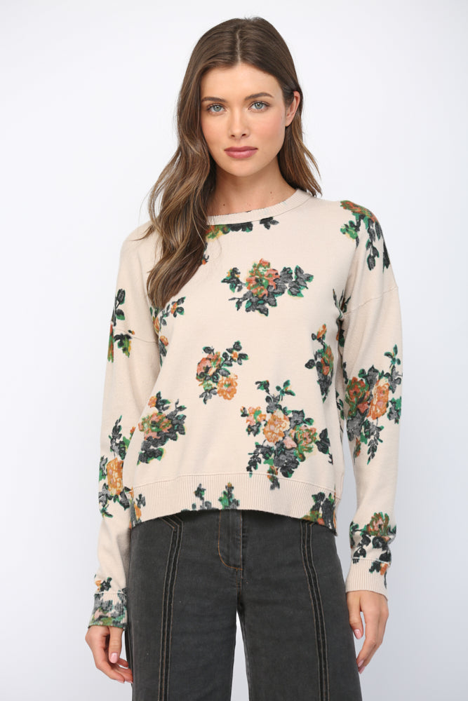 Floral Cluster Crew Neck Sweater Beige
