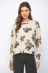 Floral Cluster Crew Neck Sweater Beige
