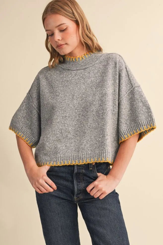 Blanket Stitch Mock Neck Short Sleeve Sweater Grey Yellow