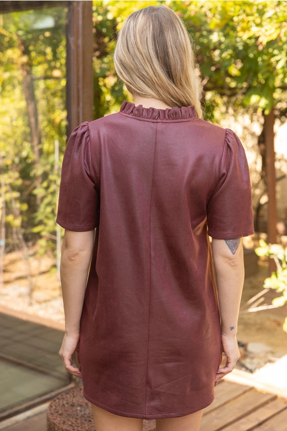 Ruffle Vneck Suede Shirt Dress