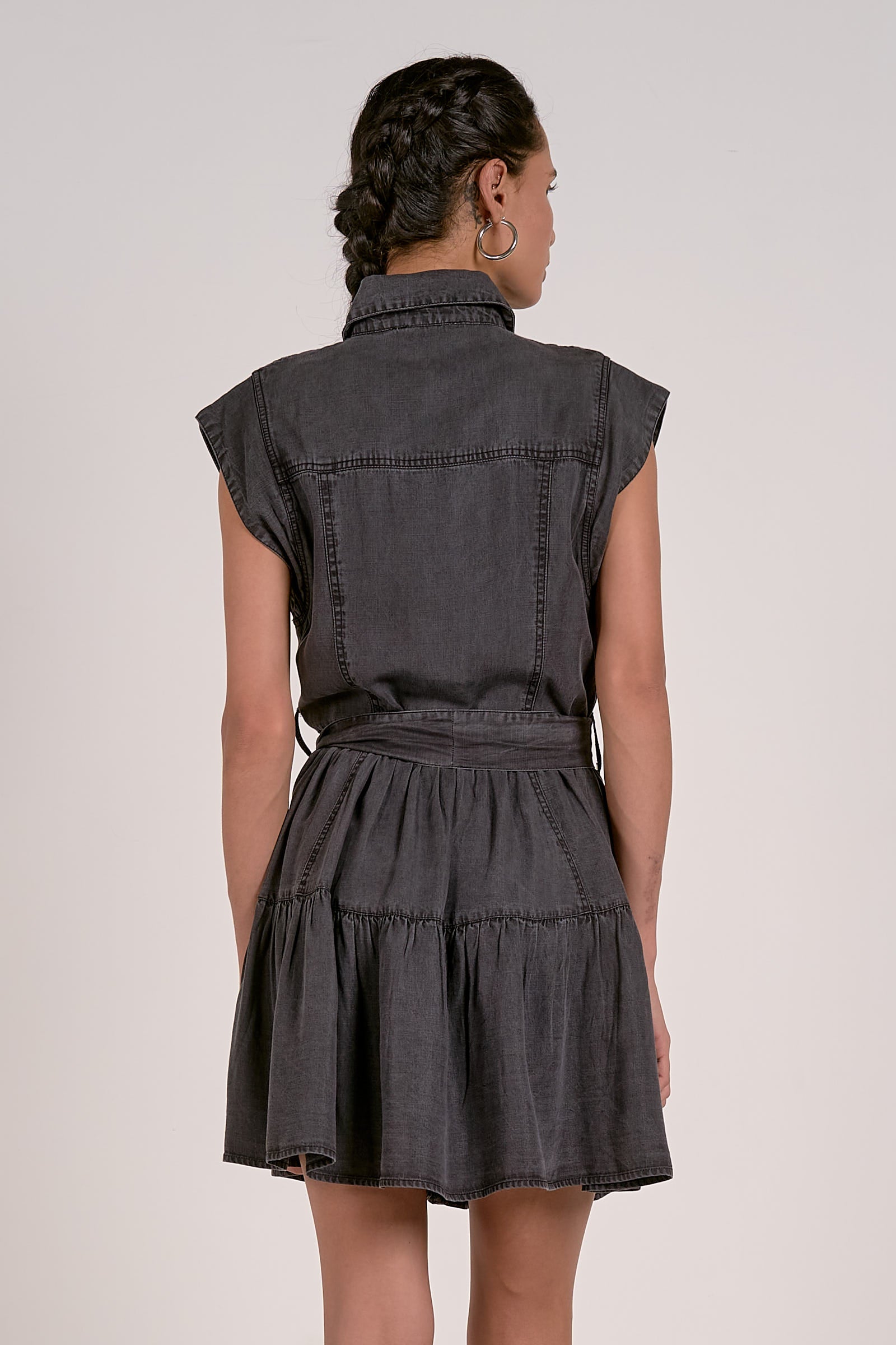 Belted Sleeveless Collared Button Down Dress Grey