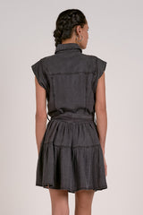 Belted Sleeveless Collared Button Down Dress Grey