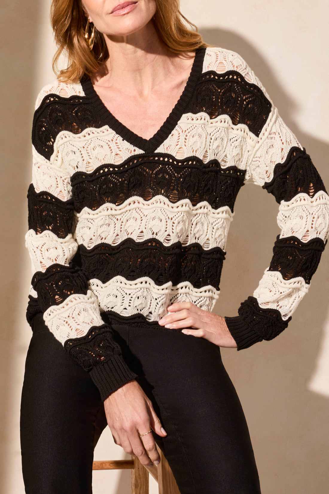 Crochet Swirl Stripe Vneck Sweater Black