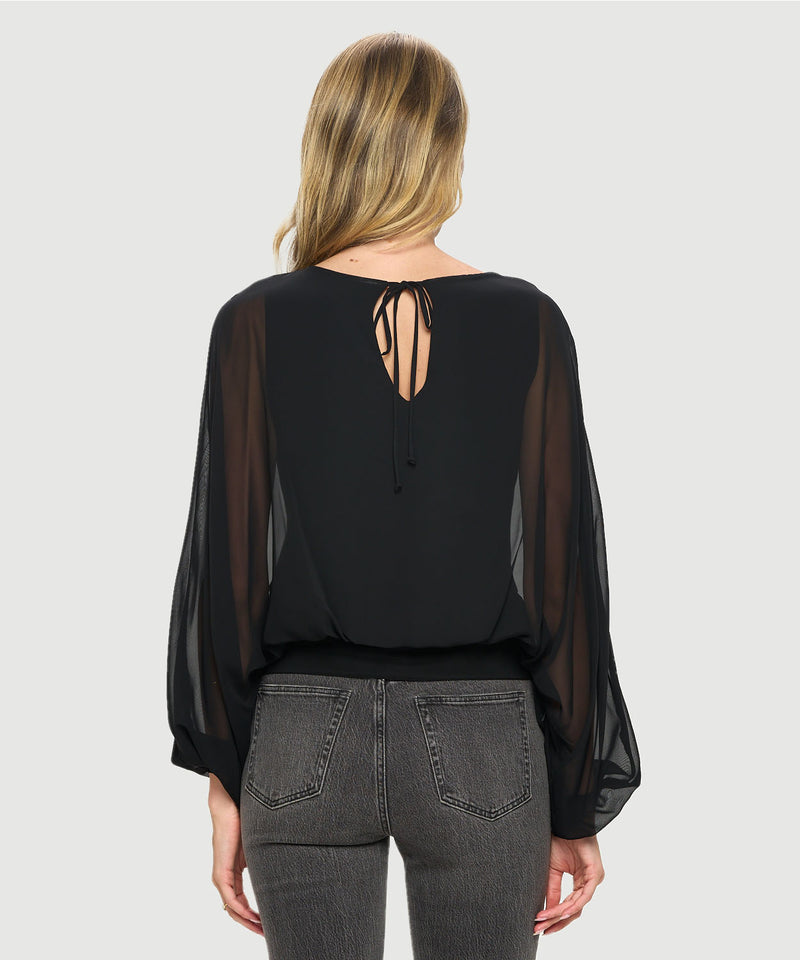 Chiffon Batwing Back Tie Banded Waist Top Black
