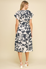 Abstract Print Tie Waist Midi Dress Navy + Ivory