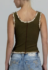 Contrast Lettuce Trim Tank Olive Green