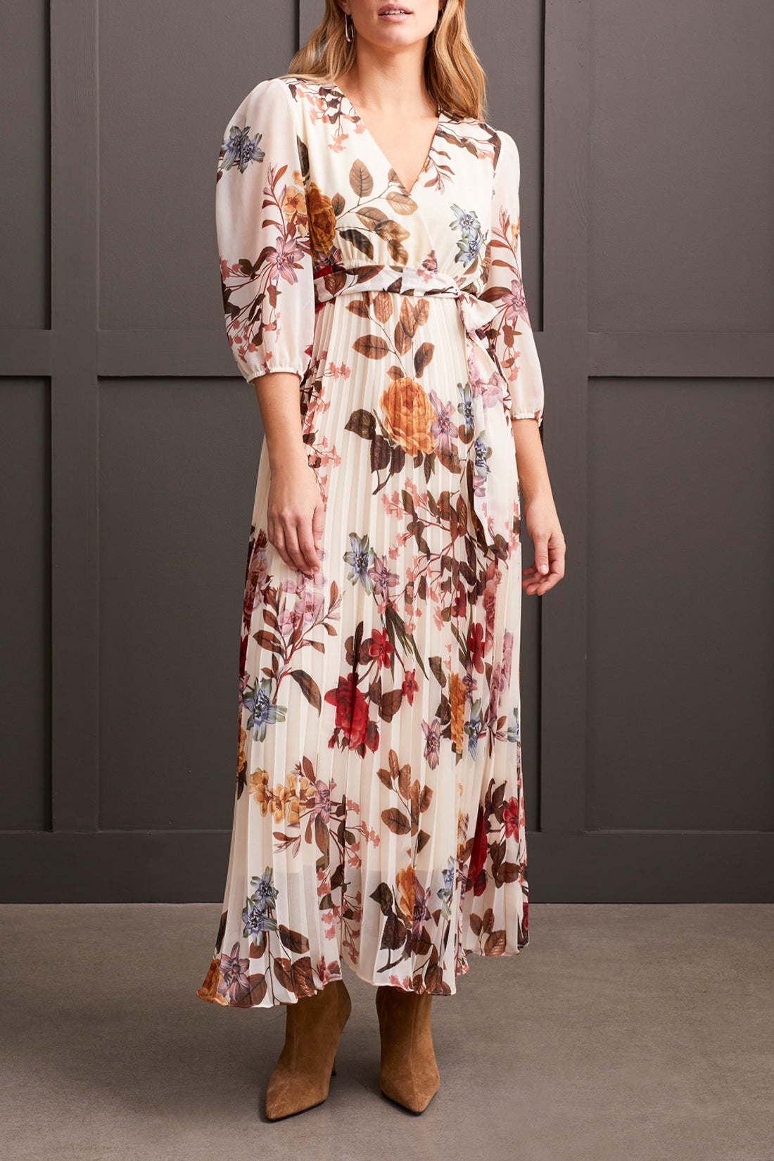 3/4 Sleeve Pleated Skirt Printed Maxi Dress Moonstone Floral