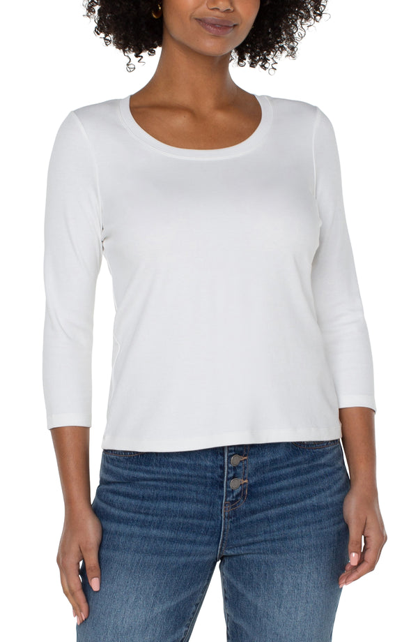 3/4 Sleeve Scoop Neck Knit Tee White