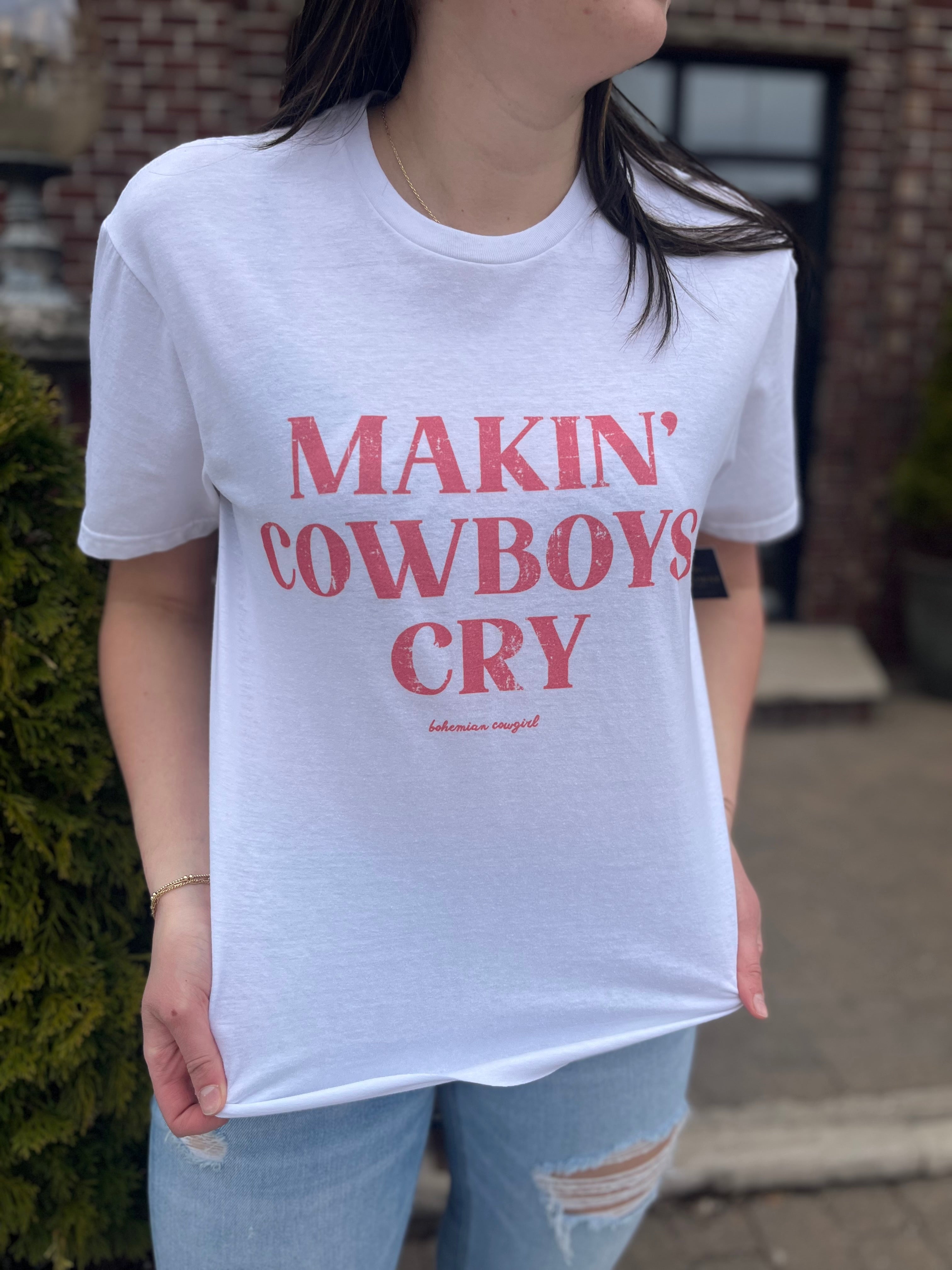 Makin' Cowboys Cry Long Crop Graphic Tee White