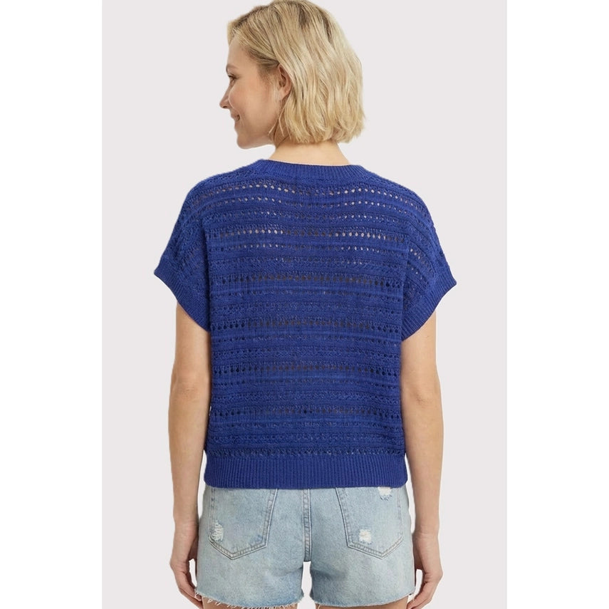 Crochet Knit Vneck Short Sleeve Sweater Top Royal