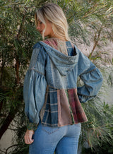Relaxed Denim Hoodie With Eclectic Plaid Fusion Vintage