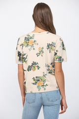 Washed Print Crew Neck Short Sleeve Sweater Beige Multi