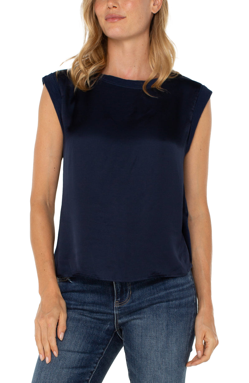 Sleeveless Contrast Satin Knit Top Dark Navy