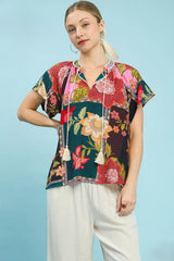 Floral Patch Work Front Tie Lace Trim Top Pink Mix