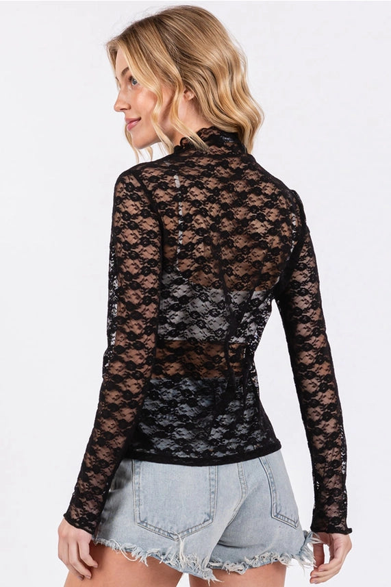 Floral Lace Sheer Mock Neck Long Sleeve Top Black