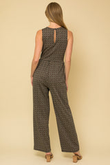 Diamond Geo Print Sleeveless Jumpsuit Black + Brown