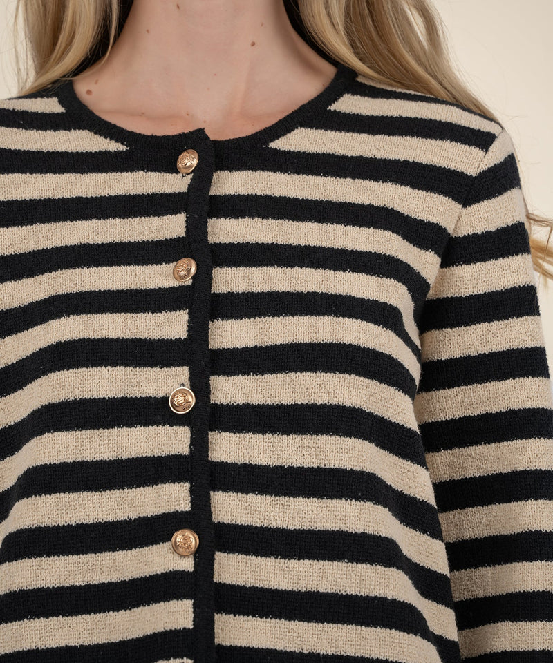 Cynia Stripe Buttoned Cardi Black + Beige