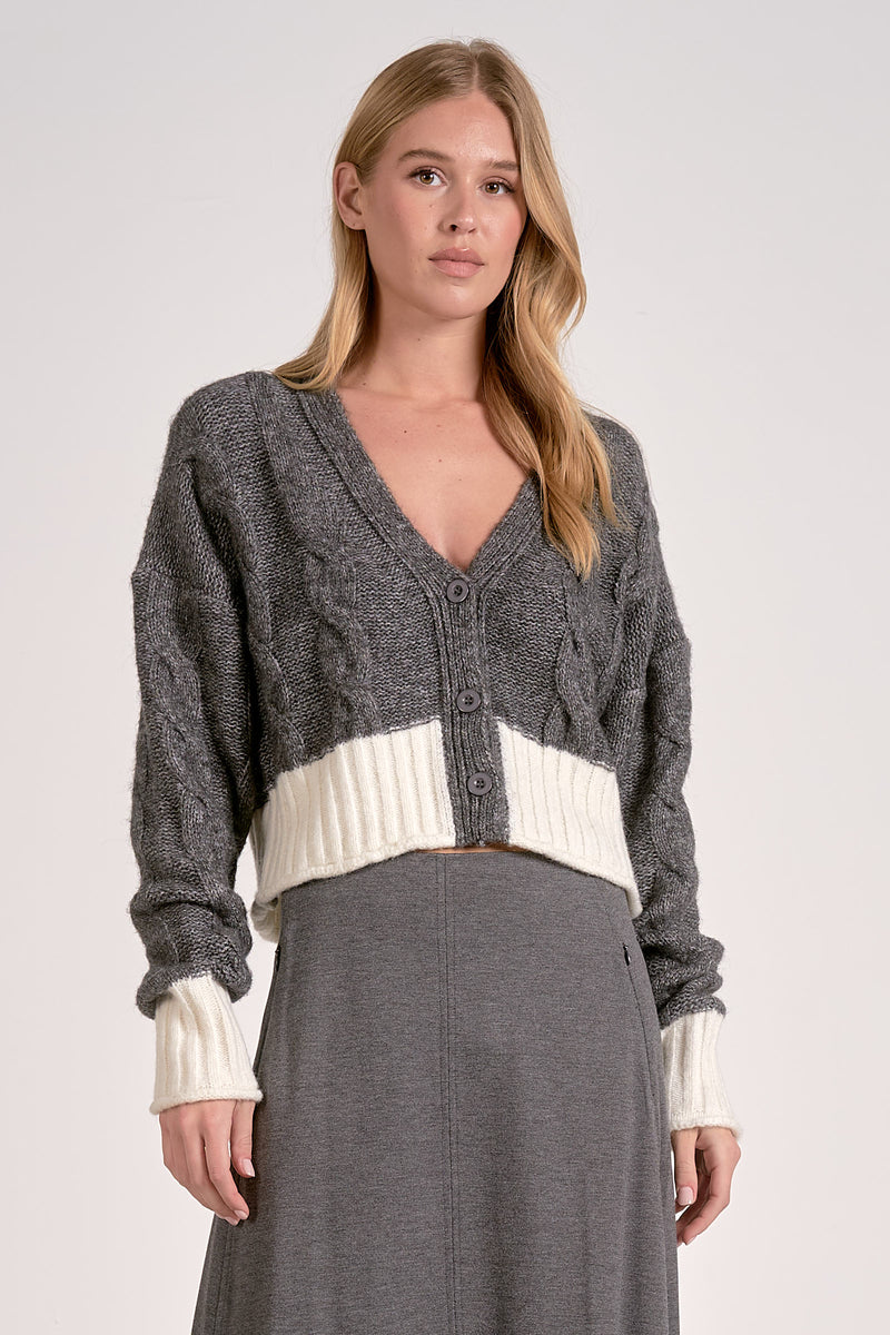 Two Tone Cable Knit Sweater Cardi Grey + White