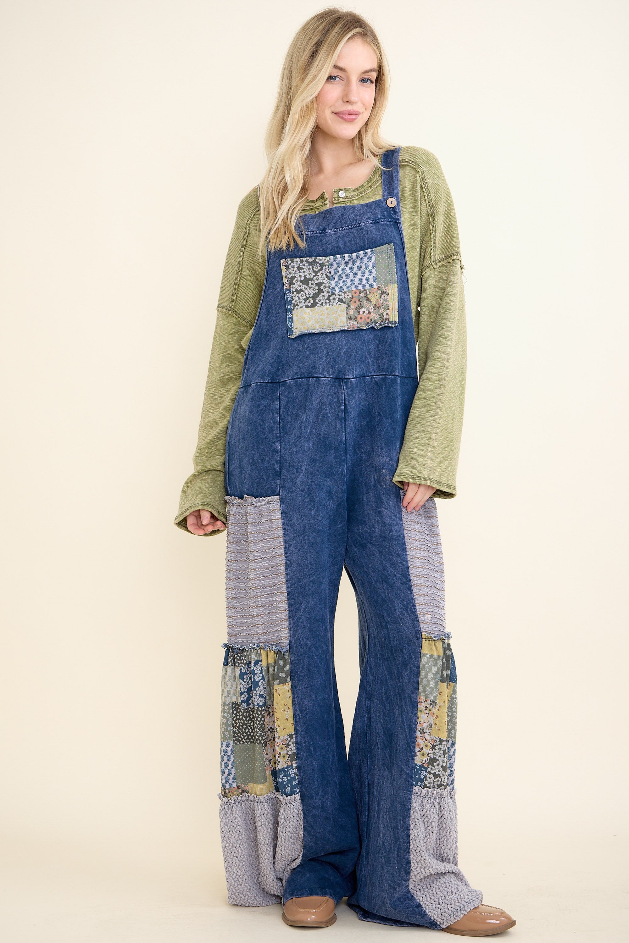 Mineral Washed Tiered Patchwork Boho Jumpsuit Navy