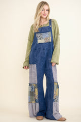Mineral Washed Tiered Patchwork Boho Jumpsuit Navy
